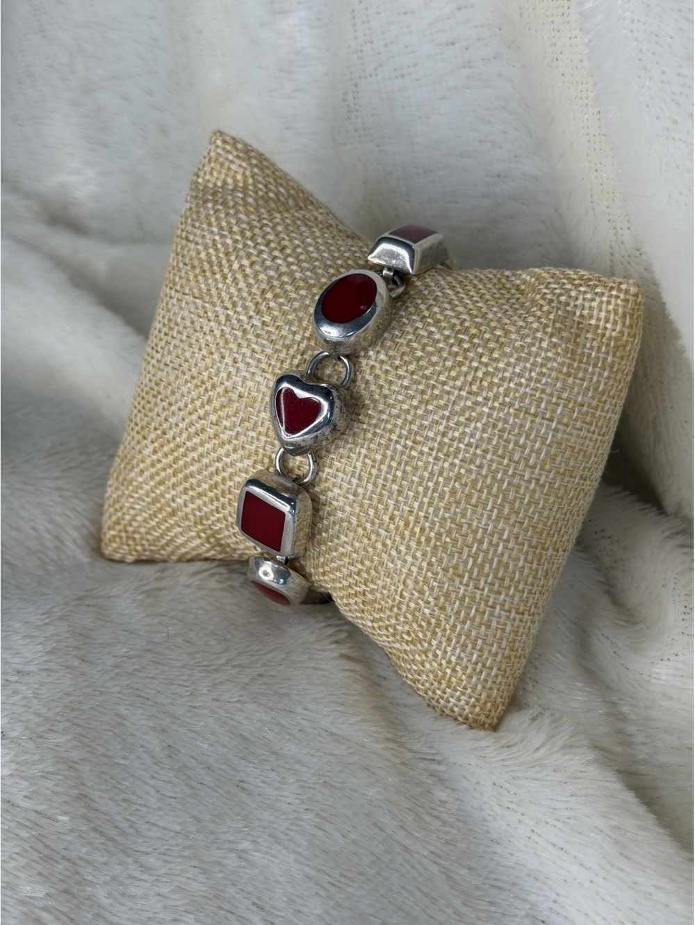 Rare Silpada 925 Silver Red Carnelian Heart Geometric Bead Bracelet